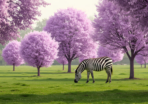Zebra grazing in purple spring trees - Powered by Adobe