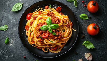 Top View Of Pasta With Bolognese Sauce, Fresh Basil, And Tomatoes Served On A Black Plate On A Graphite Background. Horizontal Shot.