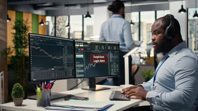 Prop firm day trader panicked by suspicious login attempt warning on trading software interface. Brokerage company worker seeing security alert notification of unauthorized login activity, camera A