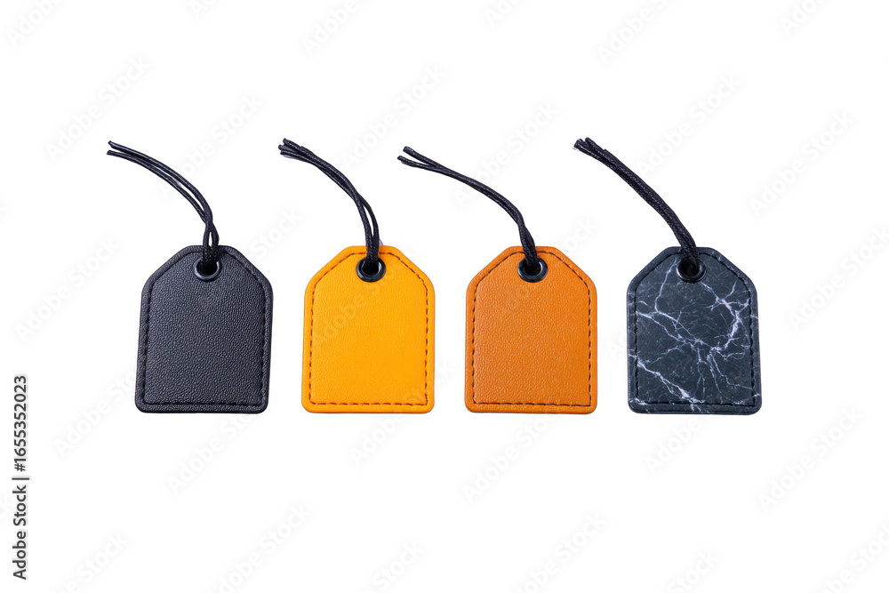 Poster black yellow brown and marble pattern leather tags with strings arranged in row isolated on transpar
