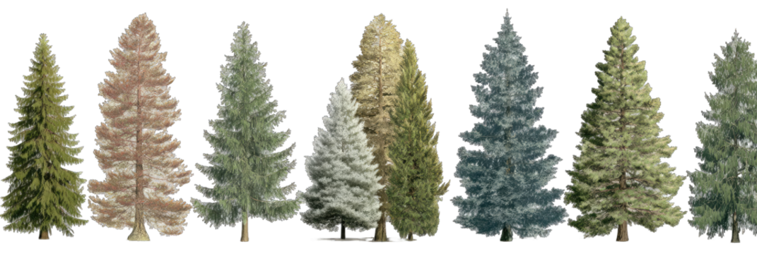 Row of stylized Christmas trees in various colors