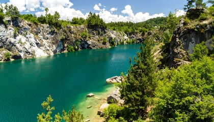 Expansive quarry lake, surrounded by lush greenery and dramatic cliffs, showcases a vibrant turquoise water body under a sunny sky.