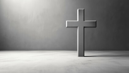 Naklejka premium Simple Gray Christian Cross On A Light Background: A Minimalistic Representation Of Christian Faith In Grayscale. Classic And Serene Design.