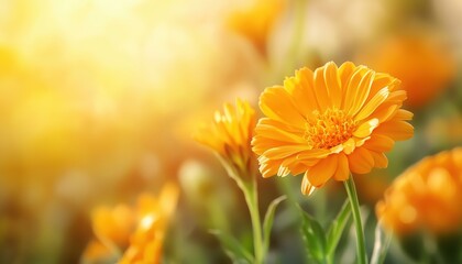Summer Beauty: Marigold Flowers Bathed In Sunlight. Stunning Natural Landscape Featuring Blooming Calendula Officinalis During Summer. Perfect Wide-Screen Floral Wallpaper With Ample Copy Space.