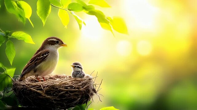 A closeup of a bird perched on a branch with green leaves. The bird appears to be a sparrow or a similar species, with a light brown body, white chest, and a yellowishbrown head.