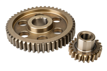 Detailed close-up of two metal gears showcasing their mechanical components and intricate cogwheels in an industrial setting