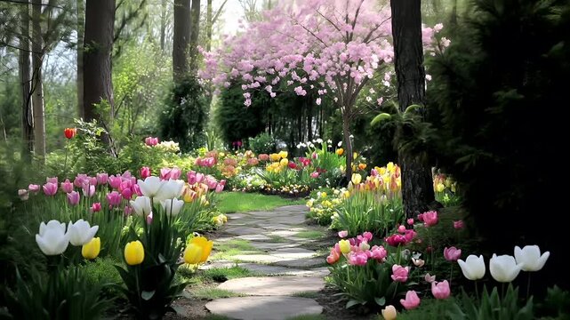 A vivid, colorful garden scene with a variety of flowers and trees. The main subject is a lush garden with blooming tulips and other flowers, creating a serene and vibrant atmosphere.