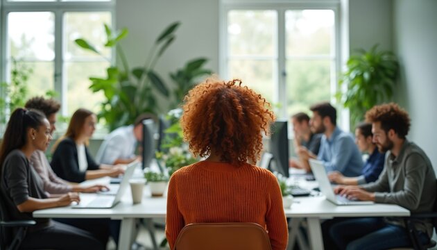 Diverse team collaborates in modern office, working on laptops at desks with plants and technology. Focus on concentration, productivity, and casual business attire in bright, organized atmosphere.