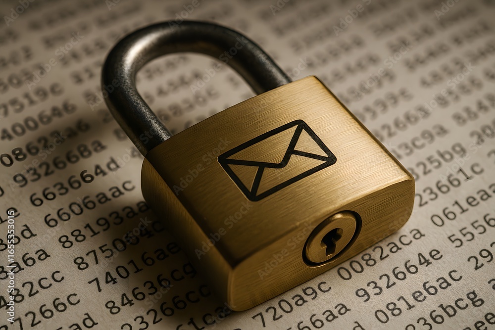 Poster a golden padlock symbolizes secure email on a document with code.