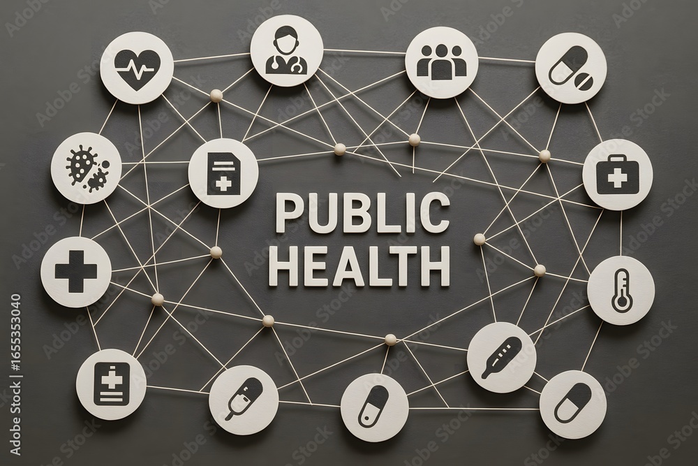 Aufkleber image symbolizing public health with interconnected icons and text.