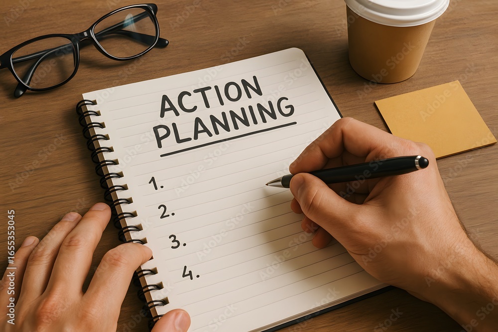 Poster close-up of someone writing an action plan on a notepad.
