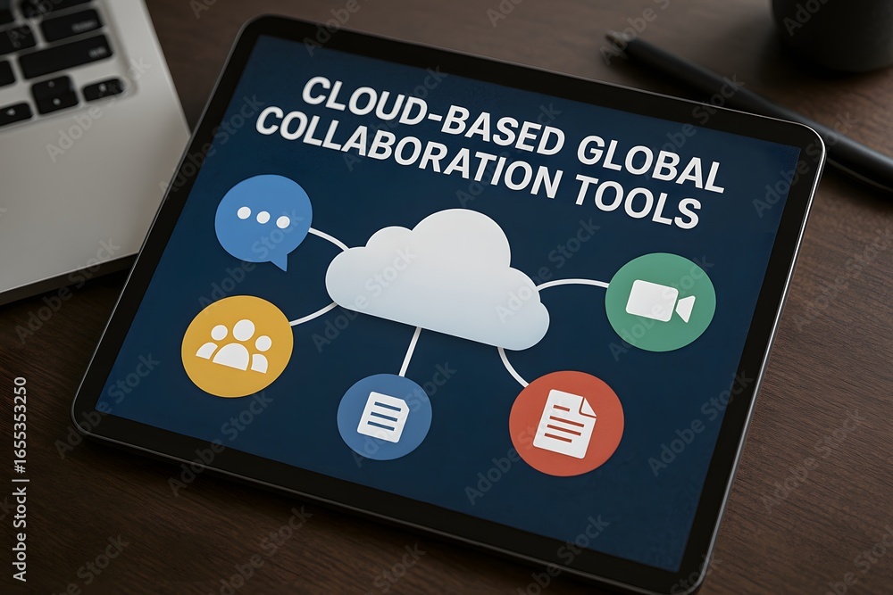 Poster close-up of a digital tablet with the words 'cloud-based global collaboration tools' on display.