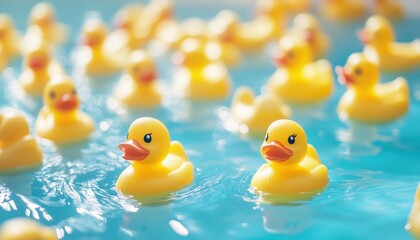 Yellow Rubber Ducks Swimming In Circles In A Pool While Being Focused On Selective Areas To Emphasize Their Movement. A Playful And Lively Scene.