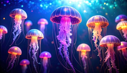 A captivating underwater scene showcases bioluminescent jellyfish, glowing with vibrant pinks, purples, and oranges, in a dark ocean setting.