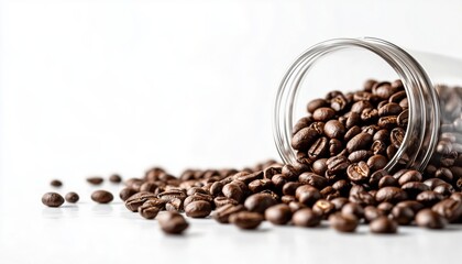 Fototapeta premium Abundant Coffee Beans Spilling From Round Clear Glass Onto White Floor With Copy Space. Medium Roasted Beans Ideal For Coffee Shops Or Cafes.
