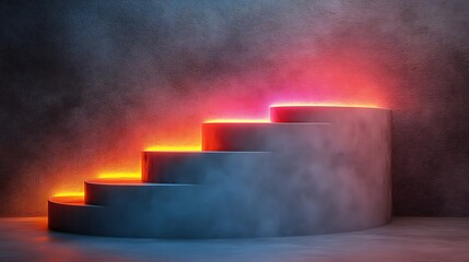 Abstract display platform with neon lighting.