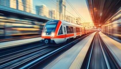 Fototapeta premium Motion Blur Effect Transportation: City Train Drives On Railroad At The Platform Train Station On A Sunny Day, Captured In Action.