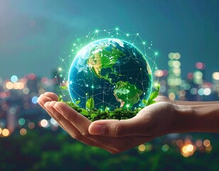 Futuristic illustration of neon Earth cradled by glowing hands, covered in green data and eco leaves. Highlights climate action, renewable energy, and eco-friendly technology.