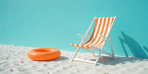 Summer beach chair with orange striped fabric and inflatable swim ring on white sand against bright turquoise wall background, relaxing vacation holiday concept with minimal copy space
