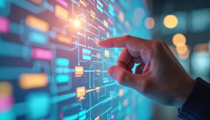 Finger interacting with digital interface displaying data flow chart. Touch input system for analysis, presentation, planning, management. Modern technology network diagram for business strategy,