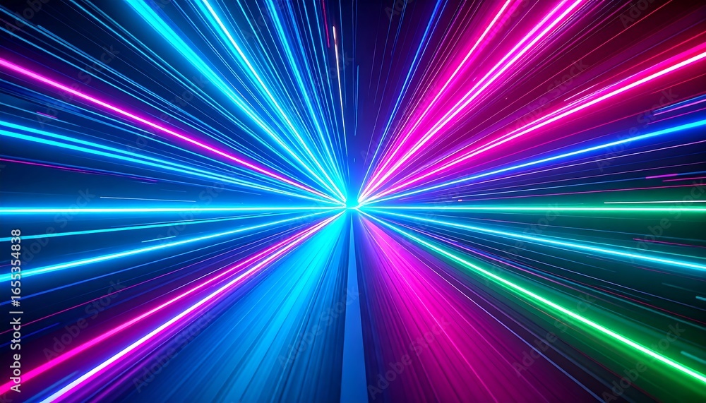 Poster a vibrant display of neon-hued lines radiating outward from a central point, creating a dynamic and 