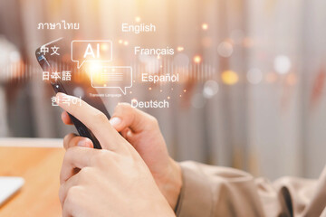 Person using smartphone translator app for global language translation, e-learning, and online...