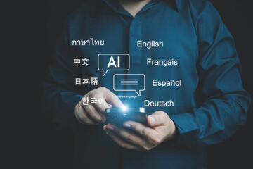 Person using smartphone translator app for global language translation, e-learning, and online...