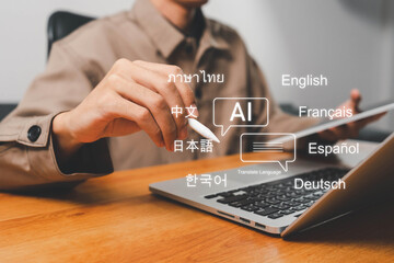 Person using smartphone translator app for global language translation, e-learning, and online...