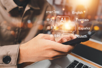 Person using smartphone translator app for global language translation, e-learning, and online language courses. Mobile app concept for worldwide communication and conversation. © pornnipa