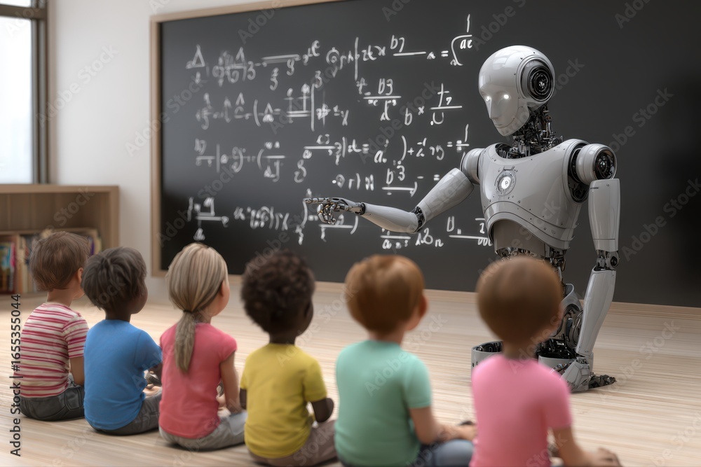 Poster a humanoid ai robot standing in front of a diverse group of children, engaging them in a learning se