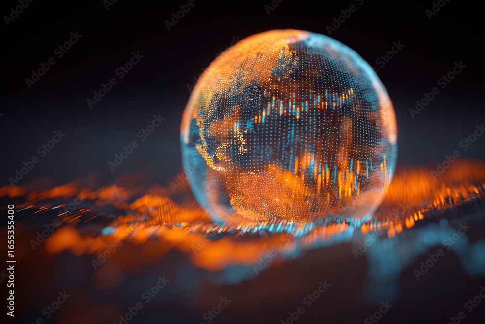 Poster a spherical object featuring a digital pattern, symbolizing technology and connectivity in the globa