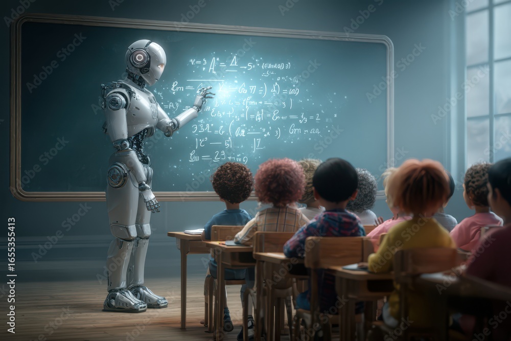 Poster a humanoid robot standing in front of a classroom, teaching a class of children. the robot looks fut
