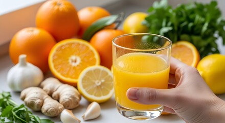 Invigorating Citrus Boost A Vibrant Composition of Oranges, Lemons, Ginger, Garlic, and Fresh Greens, Perfect for a Healthful Beverage and Culinary Adventures