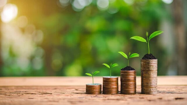 Growing Investment: A visual representation of financial growth and investment, featuring stacks of coins with growing plants emerging from the top. Showcasing the concept of economic expansion.