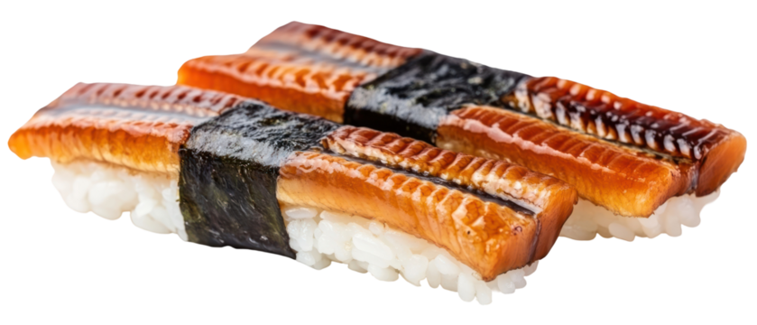 Close Up Shot Of Nigiri Sushi With Rice Topped With Grilled Eel Against Transparent Background
