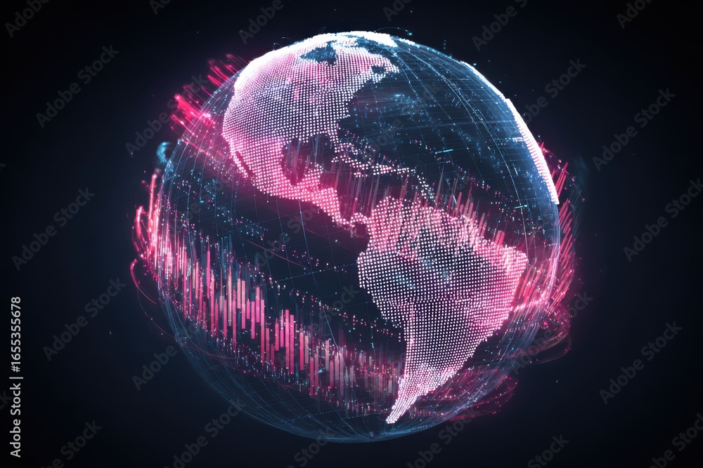 Poster a futuristic globe displaying a digital map representing the global economy. the map is visually abs