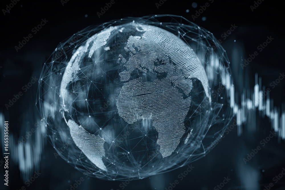 Poster this stock image features a globe with a network of interconnected lines and dots, symbolizing globa