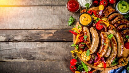 A rustic wooden platter laden with grilled sausages, colorful vegetables, and assorted sauces creates a delicious and inviting summer feast.