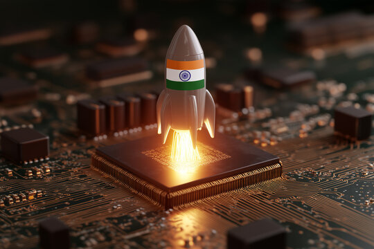 Glowing Rocket Launching from a Circuit Board with the Indian flag on it