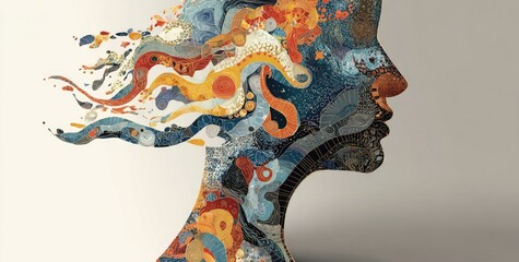 Abstract female profile, colorful mosaic-style design