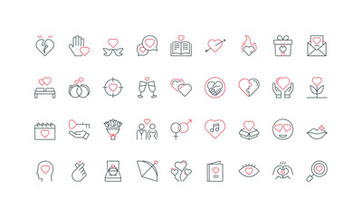 Love and broken heart of lovers couple, search for dating, affection line icon set. Love story, chat message balloons, emoji, invitation letter thin black and red outline symbols vector illustration