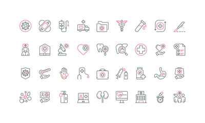 Medical and health care, insurance and telemedicine, hospital and pharmacy line icon set. Caduceus and virus protection, doctor and nurse thin black and red outline symbols vector illustration