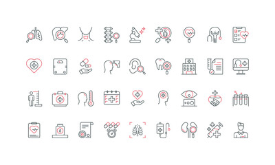 Health checkup, patients examination by doctor in hospital, online consultation line icon set. Treatment and prevention, diagnostic center thin black and red outline symbols vector illustration