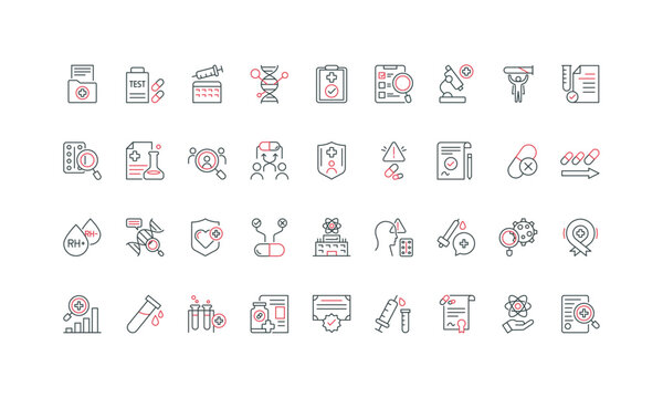 Clinical study, scientific research, side effects, drug safety and efficacy testing line icon set. Clinical trial process, medical ethics thin black and red outline symbols vector illustration
