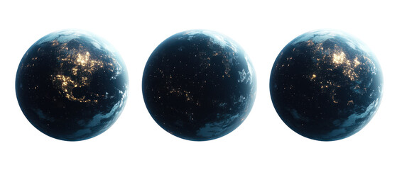 Pixelated Earth Globes Against Transparent Background Showcasing City Lights with Blue Hues and Stellar Details