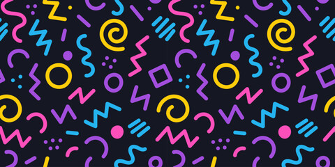 Seamless abstract geometric doodle pattern with vibrant retro Memphis design