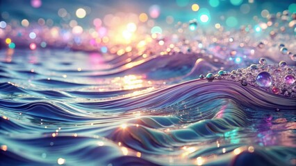 Ethereal iridescent waves gently ripple, reflecting a magical sunset glow, adorned with shimmering, translucent orbs; a dreamlike seascape.