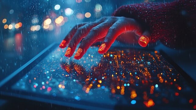 Hand interacting with glowing technological surface