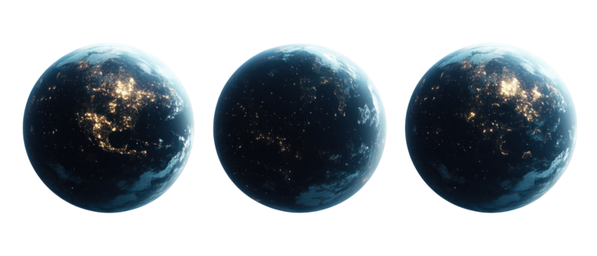 Pixelated Earth Globes Against Transparent Background Showcasing City Lights with Blue Hues and Stellar Details