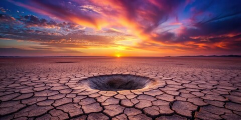 Arid landscape at sunset, cracked earth with a sinkhole, vibrant sky colors